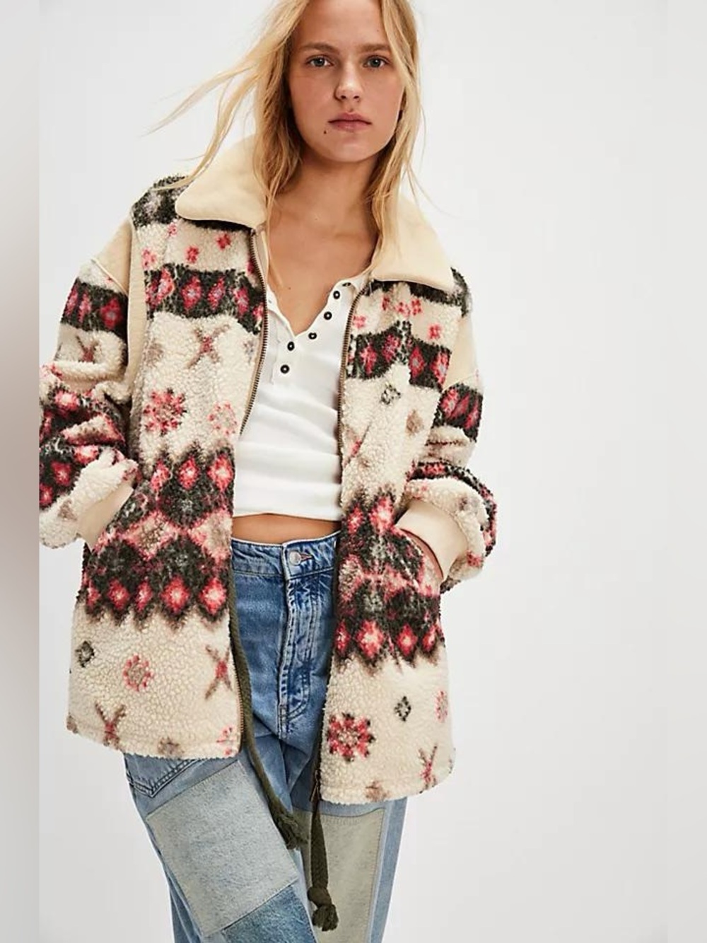 Free People Cats Meow Oversized Zip-Up Cardi Jacket Shortbread Combo Small - Picture 2 of 11